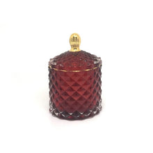 Load image into Gallery viewer, red geometric cut glass soy candle with gold accents
