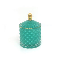 Load image into Gallery viewer, teal geometric cut glass soy candle with gold accents