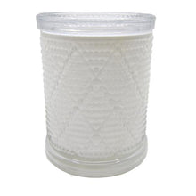 Load image into Gallery viewer, Large white glass containers feature a diamond embossed design and lid with a rubber seal to help keep your fragrant soy candle fresh and dust free. 
