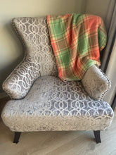 Load image into Gallery viewer, NZ wool blanket. Gray textured pillow with a plaid fabric cover on a white surface
