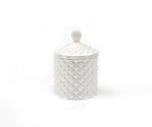 Load image into Gallery viewer, gloss white cut glass soy candles with geometric design and a classic french top lid
