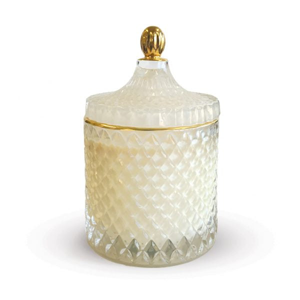 white geometric cut glass soy candle with gold accents