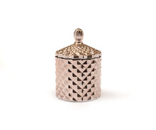 Load image into Gallery viewer, rose gold geometric cut glass soy candle with gold accents
