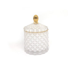 Load image into Gallery viewer, white geometric cut glass soy candle with gold accents
