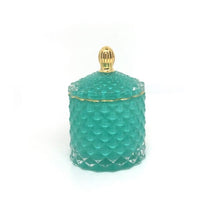 Load image into Gallery viewer, teal geometric cut glass soy candle with gold accents

