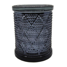 Load image into Gallery viewer, Large metallic black glass containers feature a diamond embossed design and lid with a rubber seal to help keep your fragrant soy candle fresh and dust free. They have a silver metallic interior.
